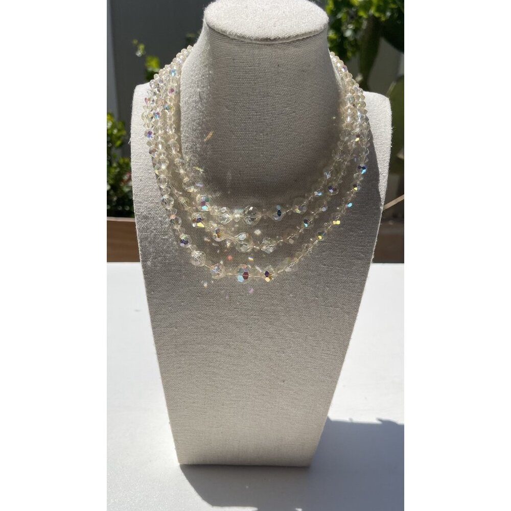 Vintage 3 Strand AB Aurora Borealis Crystal Faceted Beads Style Necklace 15.5”